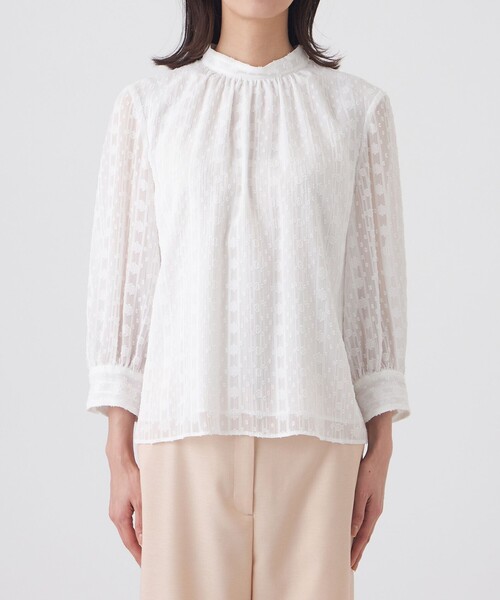TRANS WORK(トランスワーク)の「【L】【ウォッシャブル】シフォンカットジャガードブラウス(シャツ/ブラウス・レディース・オフホワイト/ネイビー・46/44)」の8枚目の写真