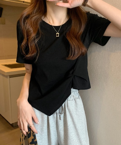 Miniministore(ミニミニストア)の「アシンメトリーTシャツ半袖クルーネックt(Tシャツ/カットソー・レディース・ブラック/ブルー/チェリーピンク/ホワイト/イエロー・FREE)」の2枚目の写真