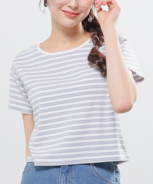 Honeys(ハニーズ)の「マルチボーダートップス(Tシャツ/カットソー・レディース・オレンジ系1/グレー系1/ネイビー系1/ホワイト系1・L/M/S)」の1枚目の写真