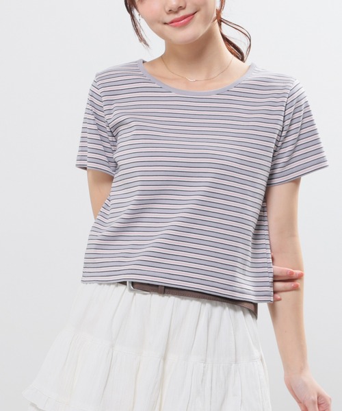 Honeys(ハニーズ)の「マルチボーダートップス(Tシャツ/カットソー・レディース・オレンジ系1/グレー系1/ネイビー系1/ホワイト系1・L/M/S)」の2枚目の写真