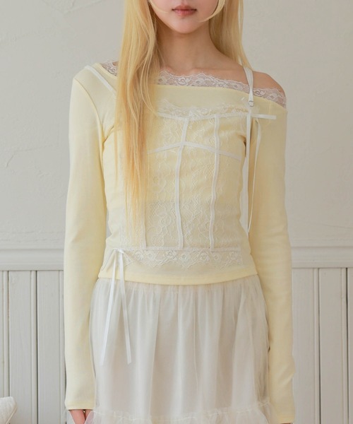 LiLIN(リリン)の「レース ドッキング リボン 長袖 プルオーバー(Tシャツ/カットソー・レディース・ネイビー/アイボリー/ブルー・FREE)」の17枚目の写真