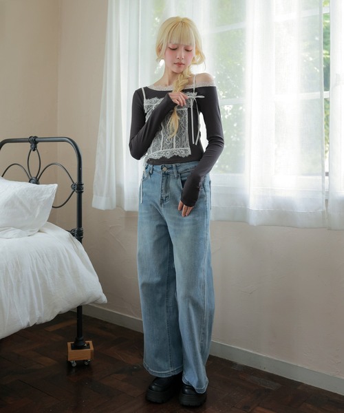 LiLIN(リリン)の「レース ドッキング リボン 長袖 プルオーバー(Tシャツ/カットソー・レディース・ネイビー/アイボリー/ブルー・FREE)」の9枚目の写真