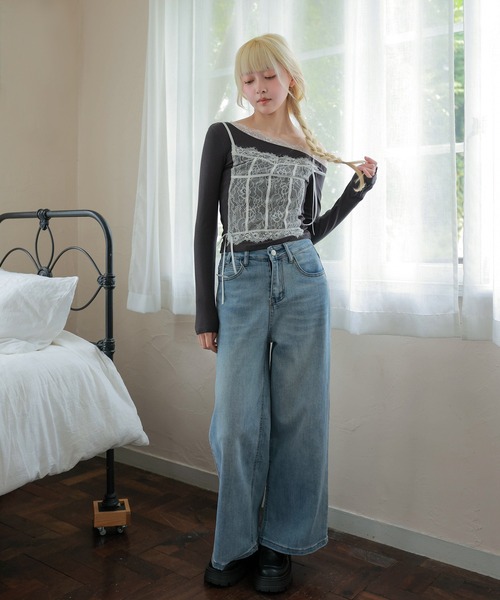 LiLIN(リリン)の「レース ドッキング リボン 長袖 プルオーバー(Tシャツ/カットソー・レディース・ネイビー/アイボリー/ブルー・FREE)」の10枚目の写真