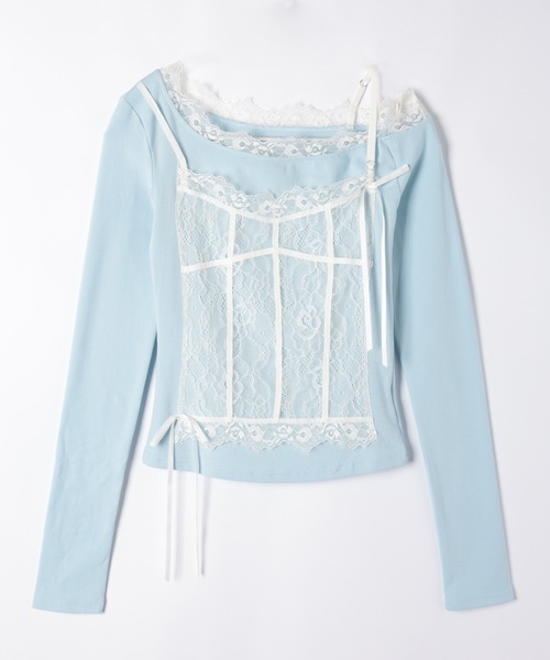 LiLIN(リリン)の「レース ドッキング リボン 長袖 プルオーバー(Tシャツ/カットソー・レディース・ネイビー/アイボリー/ブルー・FREE)」の15枚目の写真