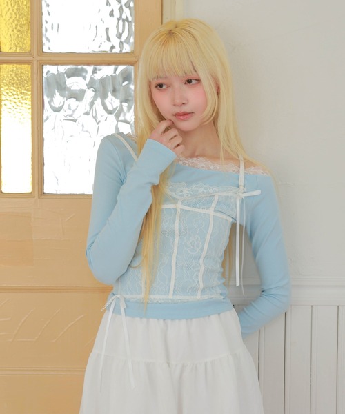LiLIN(リリン)の「レース ドッキング リボン 長袖 プルオーバー(Tシャツ/カットソー・レディース・ネイビー/アイボリー/ブルー・FREE)」の21枚目の写真