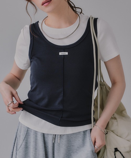 210nouve(トゥージュヌーブ)の「タンクセット レイヤード デザイン Tシャツ(Tシャツ/カットソー・レディース・パープル/イエロー/グレー/ネイビー・FREE)」の1枚目の写真