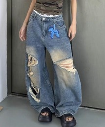 フロント可愛い馬ワンポイント ダメージワイドデニムパンツ