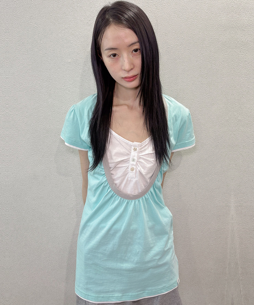 OAFISH(オアフィッシュ)の「Shirring U neck T-shirts, Mint(Tシャツ/カットソー・レディース・その他・FREE)」の1枚目の写真