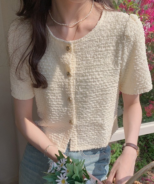 boemy(ボエミー)の「ぽこぽこ素材 半袖ジャケットライクブラウス(シャツ/ブラウス・レディース・アイボリー/ブラック/ホワイト・FREE)」の6枚目の写真
