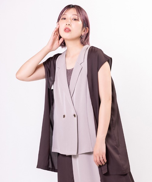 OSMOSIS(オズモーシス)の「シフォン切替ジレ(ベスト・レディース・ブラック/ダークグレー/ライトベージュ・ONE SIZE)」の1枚目の写真
