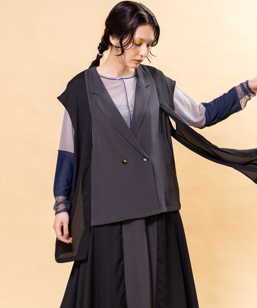 OSMOSIS(オズモーシス)の「シフォン切替ジレ(ベスト・レディース・ブラック/ダークグレー/ライトベージュ・ONE SIZE)」の9枚目の写真