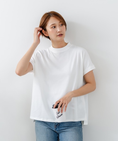 fort point(フォーポイント)の「【C-FORTPOINT/フォートポイント】【ストレッチ性抜群の冷感素材を使用】フレンチスリーブ モックネックTシャツ プチハイネック プルオーバー 接触冷感 涼しい 二の腕カバー サイドスリット(Tシャツ/カットソー・レディース・オフホワイト/ブラック/グリーン/ライトグレー/ブラウン・FREE)」の12枚目の写真