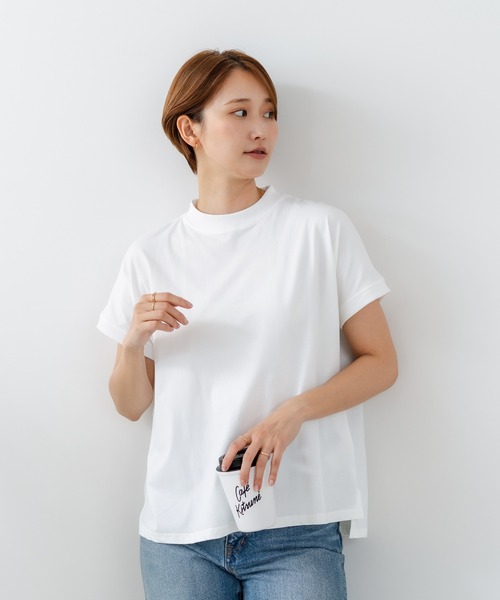 fort point(フォーポイント)の「【C-FORTPOINT/フォートポイント】【ストレッチ性抜群の冷感素材を使用】フレンチスリーブ モックネックTシャツ プチハイネック プルオーバー 接触冷感 涼しい 二の腕カバー サイドスリット(Tシャツ/カットソー・レディース・オフホワイト/ブラック/グリーン/ライトグレー/ブラウン・FREE)」の13枚目の写真