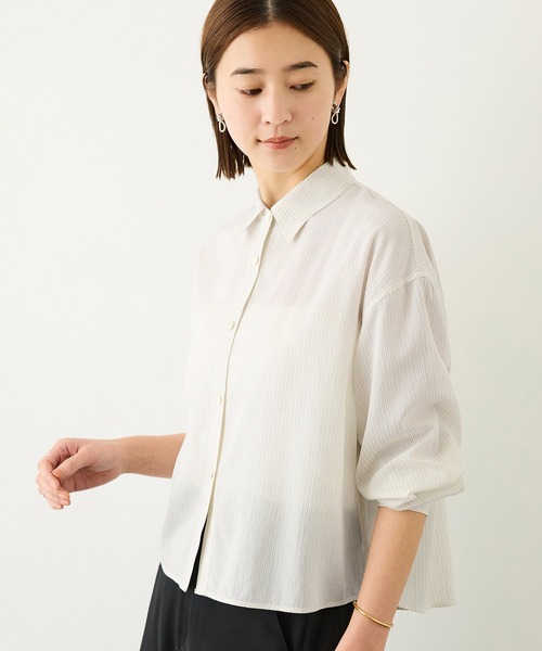 ROPE'(ロペ)の「キュプラコットン クロップドシャツブラウス/イージーケア・夏の羽織り・冷房対策(シャツ/ブラウス・レディース・ブルー系その他4/ホワイト系その他・FREE)」の5枚目の写真
