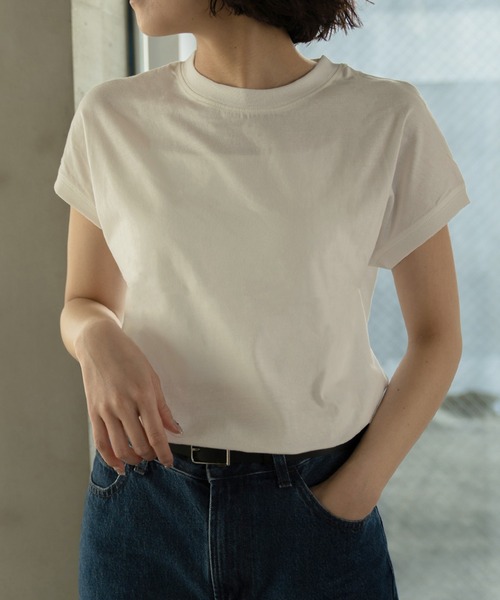 MONO KOTO DEPT.(モノコトデプト)の「汗染み防止 フレンチスリーブコットンTシャツ(Tシャツ/カットソー・レディース・オフホワイト/ブラック/チャコールグレー/ネイビー/グレイッシュベージュ/アイボリー・M/L)」の10枚目の写真