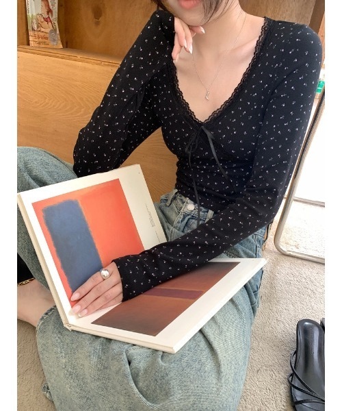 SALTMINT（ソルトミント）の「カップ付きレースリボンレイヤードリブトップス（Tシャツ/カットソー・レディース・ホワイト/ブラック/ホワイト系/ブラック系/ピンク系・FREE）」の4枚目の写真