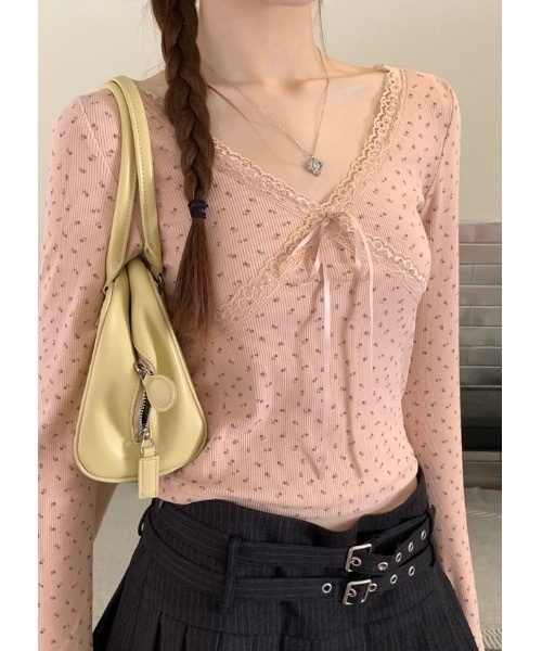 SALTMINT（ソルトミント）の「カップ付きレースリボンレイヤードリブトップス（Tシャツ/カットソー・レディース・ホワイト/ブラック/ホワイト系/ブラック系/ピンク系・FREE）」の5枚目の写真