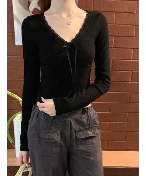 SALTMINT（ソルトミント）の「カップ付きレースリボンレイヤードリブトップス（Tシャツ/カットソー・レディース・ホワイト/ブラック/ホワイト系/ブラック系/ピンク系・FREE）」の3枚目の写真