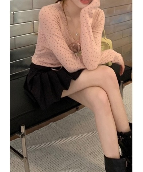 SALTMINT（ソルトミント）の「カップ付きレースリボンレイヤードリブトップス（Tシャツ/カットソー・レディース・ホワイト/ブラック/ホワイト系/ブラック系/ピンク系・FREE）」の10枚目の写真