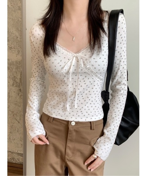 SALTMINT（ソルトミント）の「カップ付きレースリボンレイヤードリブトップス（Tシャツ/カットソー・レディース・ホワイト/ブラック/ホワイト系/ブラック系/ピンク系・FREE）」の12枚目の写真