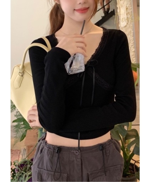 SALTMINT（ソルトミント）の「カップ付きレースリボンレイヤードリブトップス（Tシャツ/カットソー・レディース・ホワイト/ブラック/ホワイト系/ブラック系/ピンク系・FREE）」の22枚目の写真
