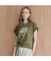 ビーズプリントフリル袖リボンTシャツ