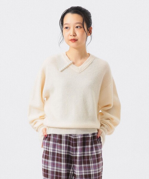 BEAMS BOY(ビームスボーイ)の「モヘヤ ミックス Vネック ニット(ニット/セーター・レディース・ブラウン/オフホワイト/トップグレー・1/0/2)」の2枚目の写真