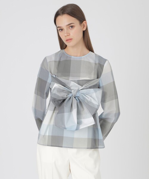 BLUE LABEL CRESTBRIDGE（ブルーレーベルクレストブリッジ）の「クレストブリッジチェックシアーボイルリボンブラウス（シャツ/ブラウス・レディース・パープル系その他4/ブルー系その他4/レッド・38/36）」の2枚目の写真