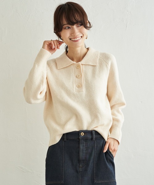 ikka(イッカ)の「ストレッチ天竺ポロニット(ニット/セーター・レディース・アイボリー/キャメル/グレー・L/M)」の2枚目の写真