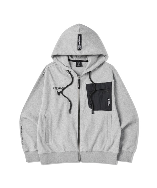 LIFE WORK(ライフワーク)の「ウーブンブロックフードジップアップ(パーカー・レディース・ライトグレー/ブラック・MEDIUM/LARGE)」の1枚目の写真