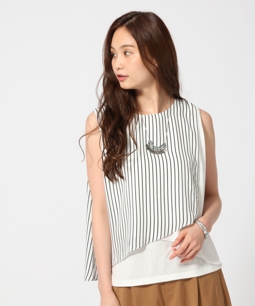 GLOBAL WORK(グローバルワーク)の「【吸水速乾】シフォンレイヤーノースリーブ/722819(シャツ/ブラウス・レディース・ネイビー/オフホワイト/ピンク系その他/ホワイト・MEDIUM/LARGE)」の2枚目の写真