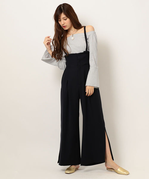 NINE(ナイン)の「サスペンダー付ハイウエストパンツ (その他パンツ・レディース・カーキ/ネイビー/ベージュ・1/0)」の3枚目の写真