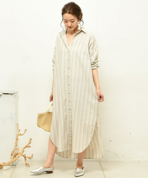 DouDou（ドゥドゥ）の「ストライプシャツワンピース（シャツワンピース・レディース・ベージュ/グレー・FREE）」の2枚目の写真