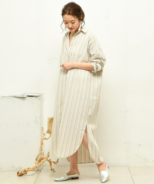 DouDou（ドゥドゥ）の「ストライプシャツワンピース（シャツワンピース・レディース・ベージュ/グレー・FREE）」の3枚目の写真