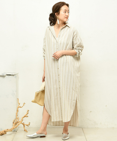 DouDou（ドゥドゥ）の「ストライプシャツワンピース（シャツワンピース・レディース・ベージュ/グレー・FREE）」の4枚目の写真