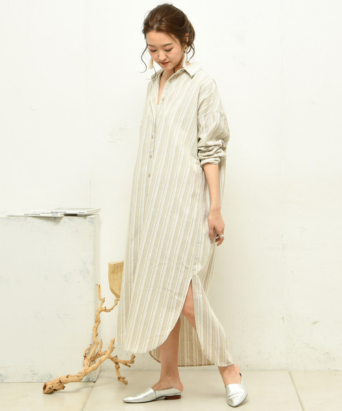 DouDou（ドゥドゥ）の「ストライプシャツワンピース（シャツワンピース・レディース・ベージュ/グレー・FREE）」の5枚目の写真
