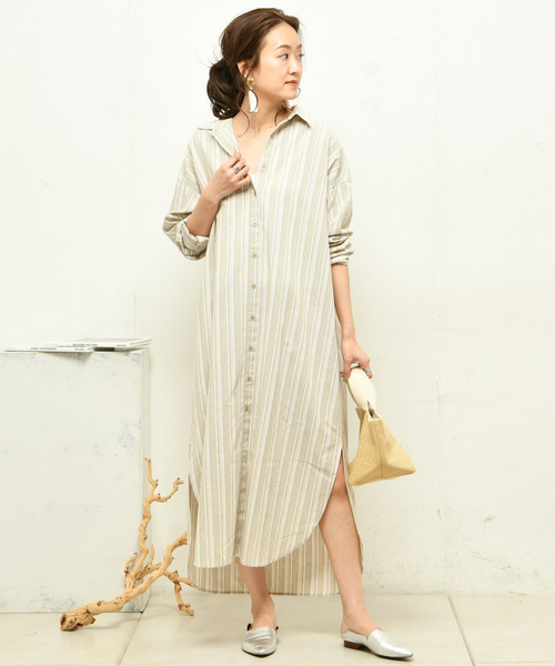 DouDou（ドゥドゥ）の「ストライプシャツワンピース（シャツワンピース・レディース・ベージュ/グレー・FREE）」の6枚目の写真