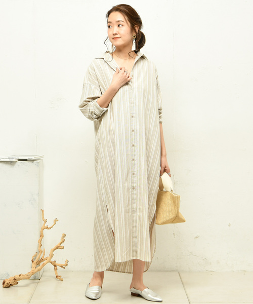 DouDou（ドゥドゥ）の「ストライプシャツワンピース（シャツワンピース・レディース・ベージュ/グレー・FREE）」の7枚目の写真