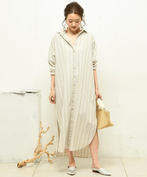 DouDou（ドゥドゥ）の「ストライプシャツワンピース（シャツワンピース・レディース・ベージュ/グレー・FREE）」の8枚目の写真