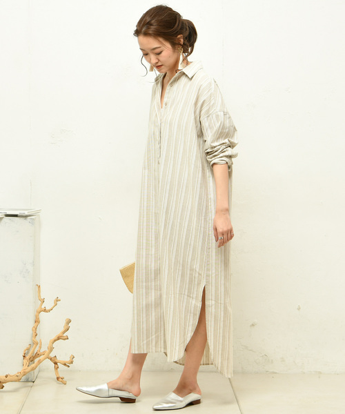 DouDou（ドゥドゥ）の「ストライプシャツワンピース（シャツワンピース・レディース・ベージュ/グレー・FREE）」の9枚目の写真