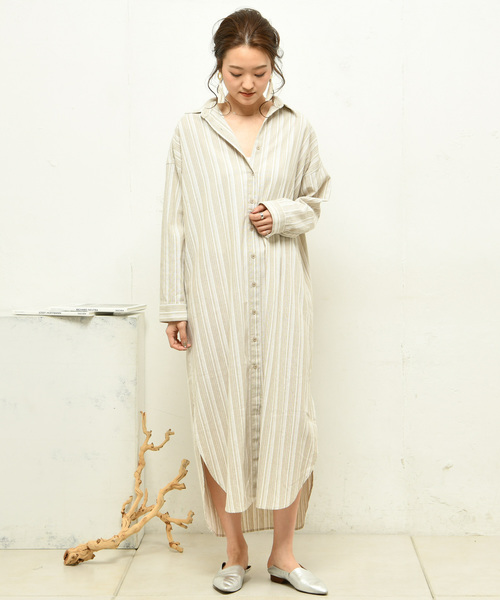 DouDou（ドゥドゥ）の「ストライプシャツワンピース（シャツワンピース・レディース・ベージュ/グレー・FREE）」の10枚目の写真
