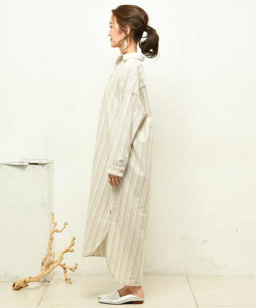 DouDou（ドゥドゥ）の「ストライプシャツワンピース（シャツワンピース・レディース・ベージュ/グレー・FREE）」の11枚目の写真