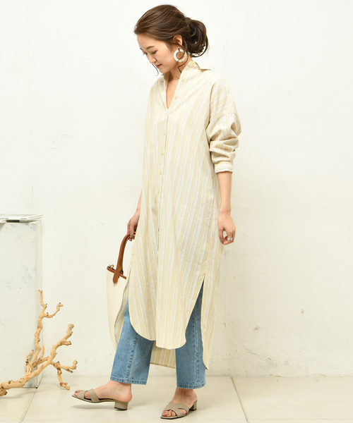 DouDou（ドゥドゥ）の「ストライプシャツワンピース（シャツワンピース・レディース・ベージュ/グレー・FREE）」の16枚目の写真