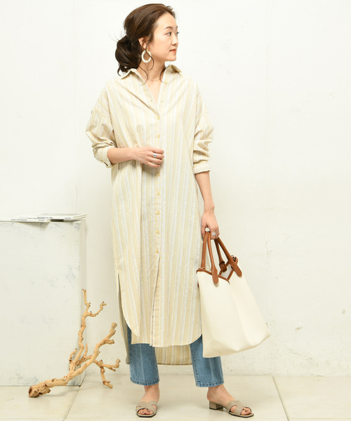DouDou（ドゥドゥ）の「ストライプシャツワンピース（シャツワンピース・レディース・ベージュ/グレー・FREE）」の18枚目の写真