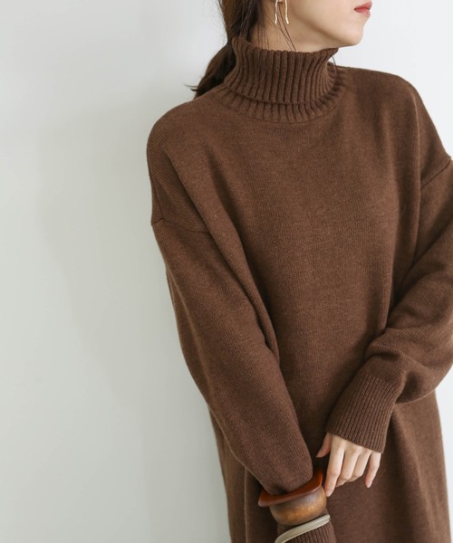 select MOCA（セレクトモカ）の「ウールタートルロングニット/リブスリーブビックシルエットニットワンピース（ニット/セーター・レディース・ベージュ/ブラウン・FREE）」の6枚目の写真