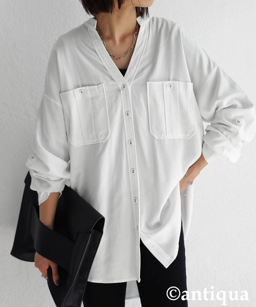 antiqua(アンティカ)の「「大人が選びたい。」Vネックスタンドカラーシャツ(その他トップス・レディース・ブラック/オフホワイト/カーキ・FREE)」の14枚目の写真