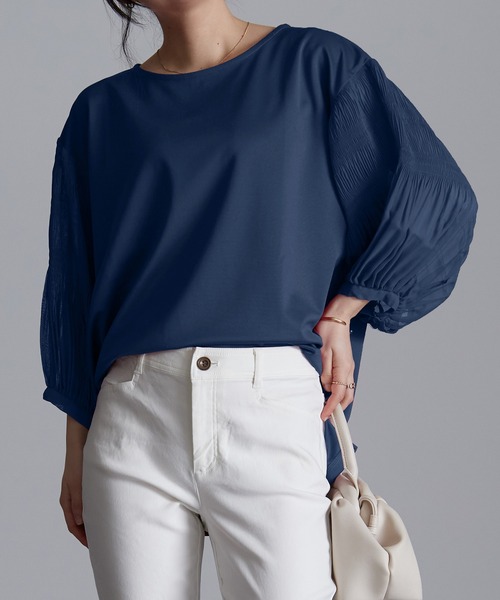 RANAN（ラナン）の「接触冷感/袖プリーツカットソープルオーバー（Tシャツ/カットソー・レディース・ピンク/ライトグレー/オフホワイト/ブラック/オレンジ系その他/ネイビー/ダークブルー/グリーン・LL/M/L）」の5枚目の写真