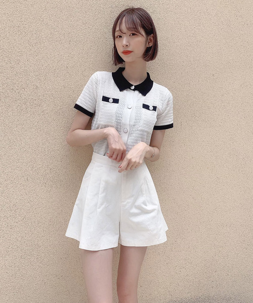 Voyage titty&Co.PETIT（ボヤージュティティアンドコープチ）の「【Voyage titty&Co.】voyage2021SSポロニットプルオーバー（ニット/セーター・レディース・ブラック/オフホワイト/グリーン・FREE）」の2枚目の写真