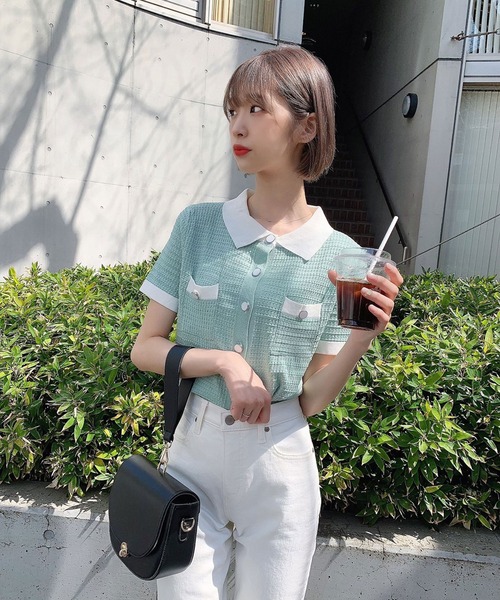 Voyage titty&Co.PETIT（ボヤージュティティアンドコープチ）の「【Voyage titty&Co.】voyage2021SSポロニットプルオーバー（ニット/セーター・レディース・ブラック/オフホワイト/グリーン・FREE）」の5枚目の写真