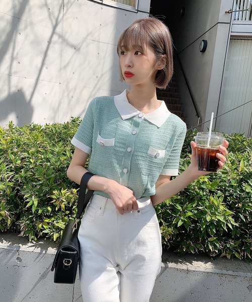 Voyage titty&Co.PETIT（ボヤージュティティアンドコープチ）の「【Voyage titty&Co.】voyage2021SSポロニットプルオーバー（ニット/セーター・レディース・ブラック/オフホワイト/グリーン・FREE）」の4枚目の写真